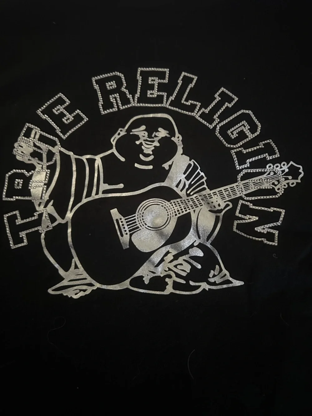 True Religion Black Foil & Rhinestone Buddha Slim V-Neck SS Logo Tee, Size XL